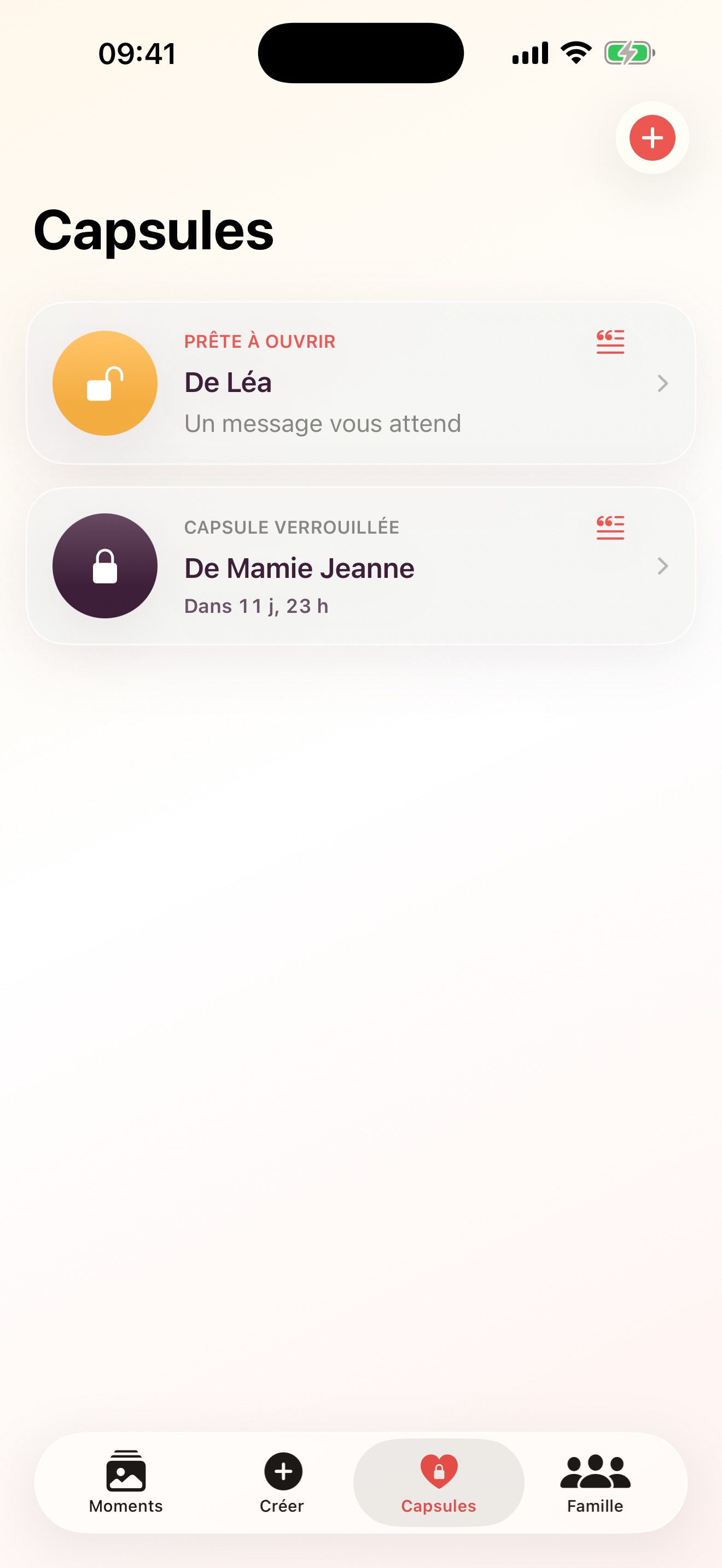 Liste des capsules temporelles de la famille dans l’application Notre Histoire