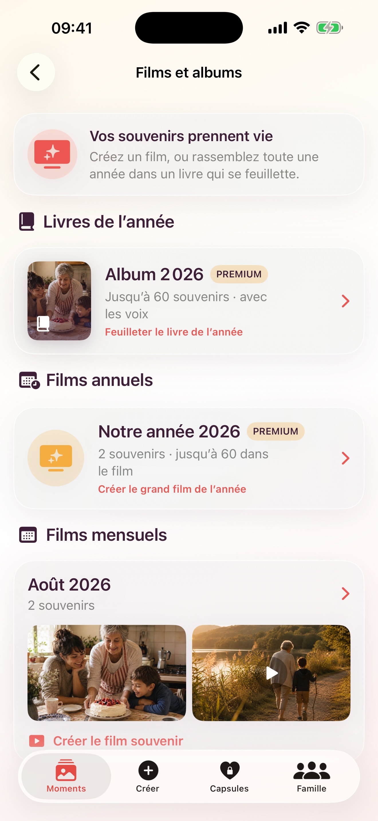 Écran Films et albums montrant les films mensuels, le film annuel et le livre de l’année