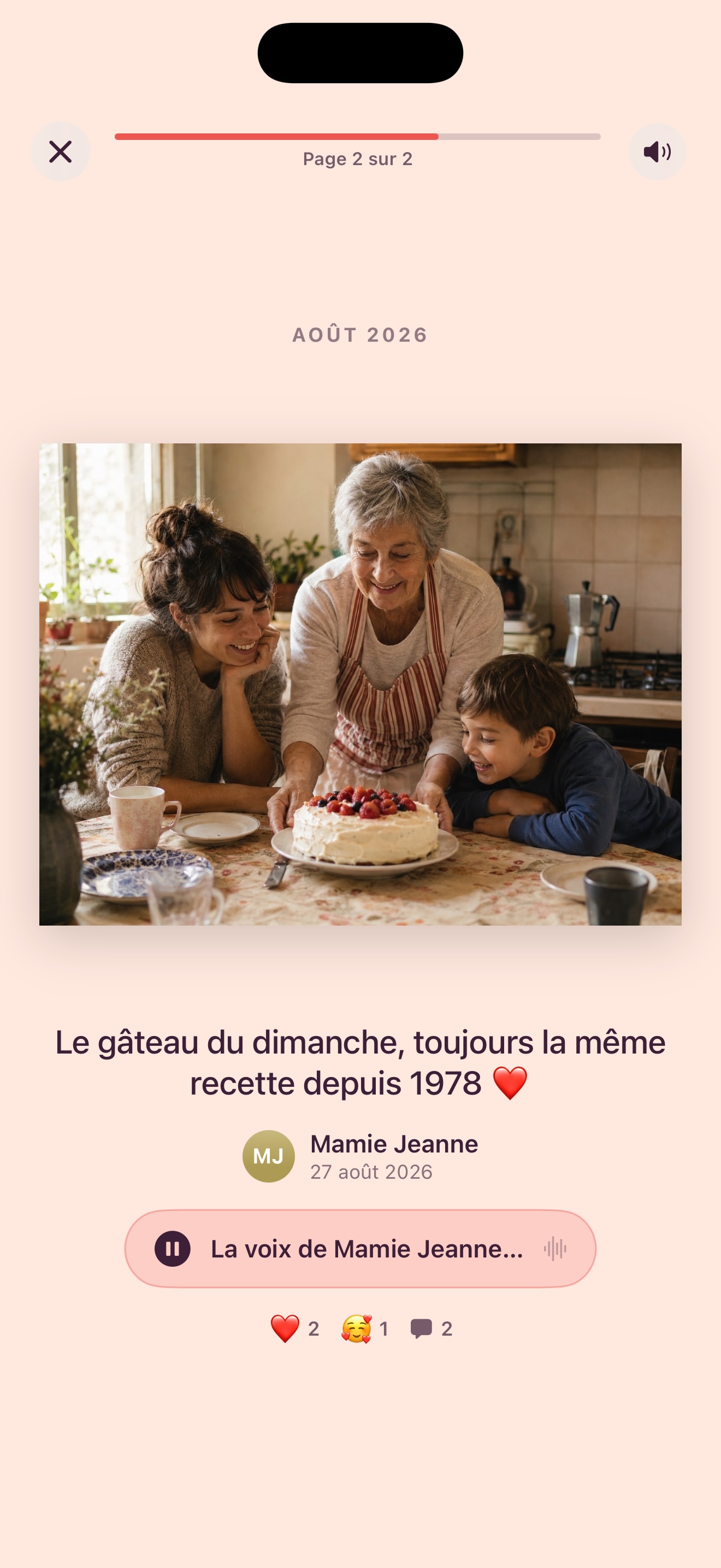 Page d’un livre annuel interactif avec photo, légende, auteur et note vocale